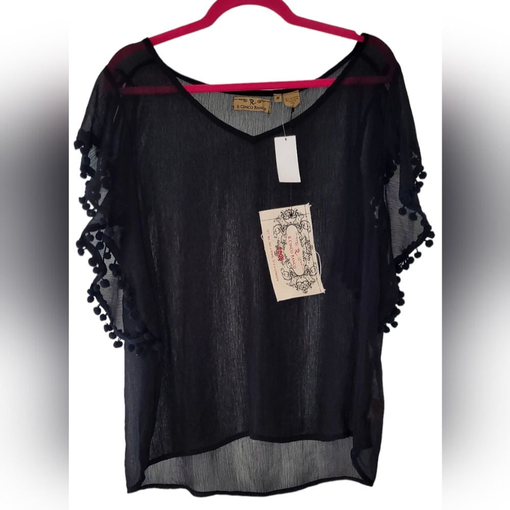 R Cinco Ranch Black Cover Up shirt with ball tassle sleeves, Size Medium